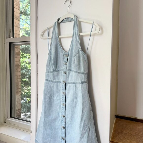 New Levis Janeesah Denim Jean Halter Short Mini Dress Button Light Wash Blue - Picture 4 of 13